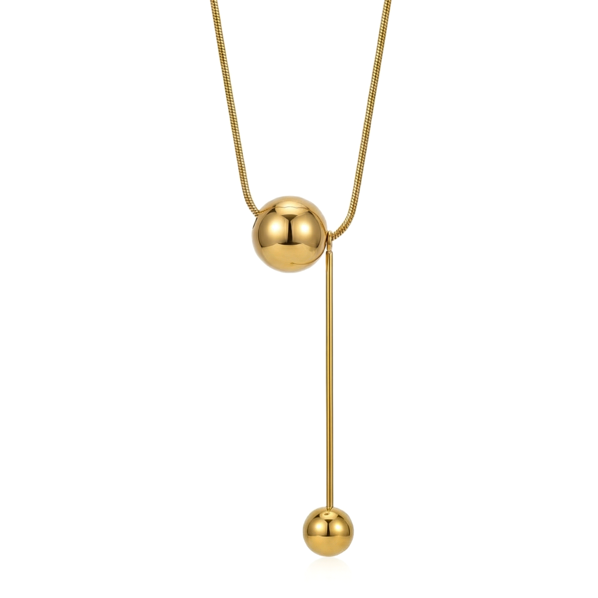 Gold pendant necklace featuring a large polished sphere with a long bar drop ending in a smaller sphere, displayed on a white background.